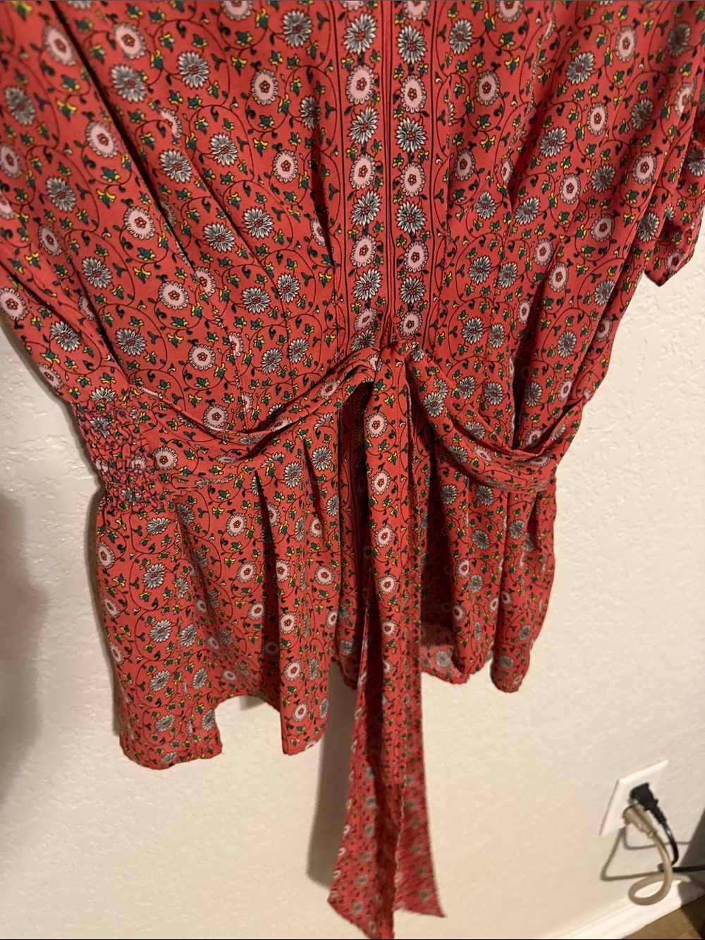 Madewell Coral Red Floral Tie-Waist V-Neck Blouse - Picture 3 of 4